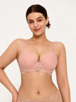 Light pink underwire bra with delicate lace trim. Offers natural lift and all-day comfort.