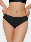 Black seamless high-stretch bikini with a wide elastic waistband. Focus on comfort and smooth fit.
