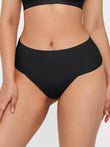 Seamless high-waist thong in black with tummy control features.