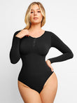 Popilush® Henley Bodysuit: Black Long Sleeve Shapewear