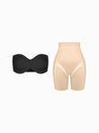 Seamless push-up bra and butt-lifting shorts set in black and nude.