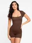 Brown, body-shaping, square neck romper from Popilush® for women; comfortable activewear