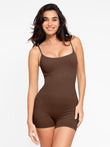 Shapewear seamless ribbed strappy romper in brown, featuring thin straps.