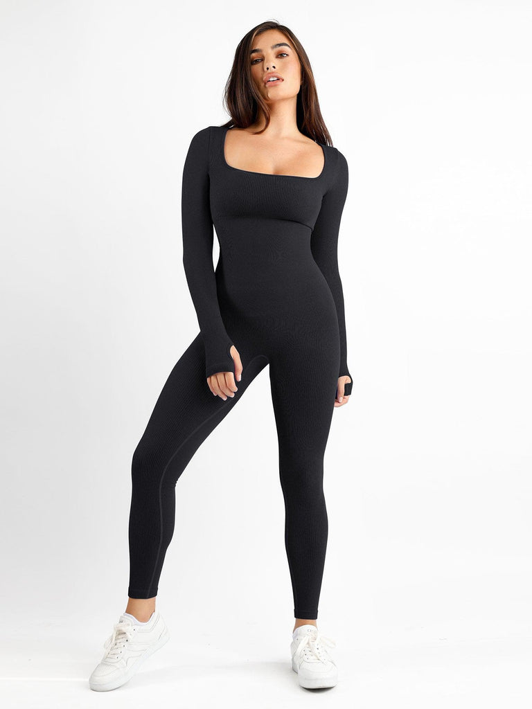 Popilush® Yoga Activewear Jumpsuit Long-Sleeve Jumpsuit / Black / S Seamless Square Neck One Piece Sport Jumpsuit Or Romper