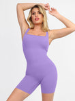 Stylish woman in a purple Popilush® square neck romper