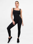 Black square-neck jumpsuit by Popilush®, perfect for everyday wear and active pursuits.
