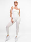 Popilush® white seamless square neck jumpsuit, all-in-one shapewear workout