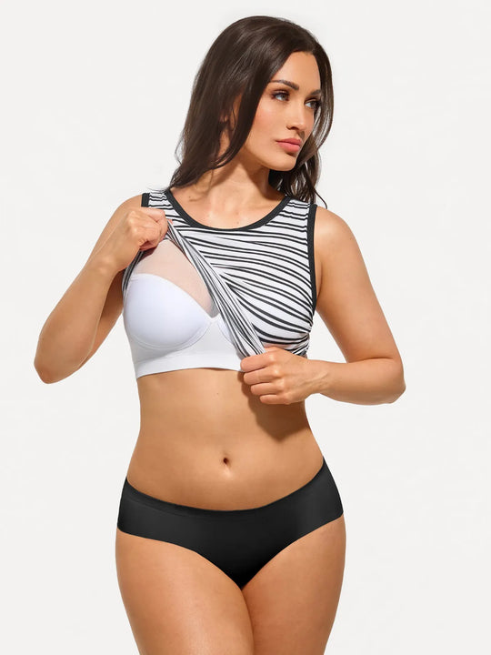 Seamless striped shapewear tank with built-in bra and mesh detailing.