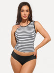 Seamless striped shapewear tank top with built-in cups and black briefs