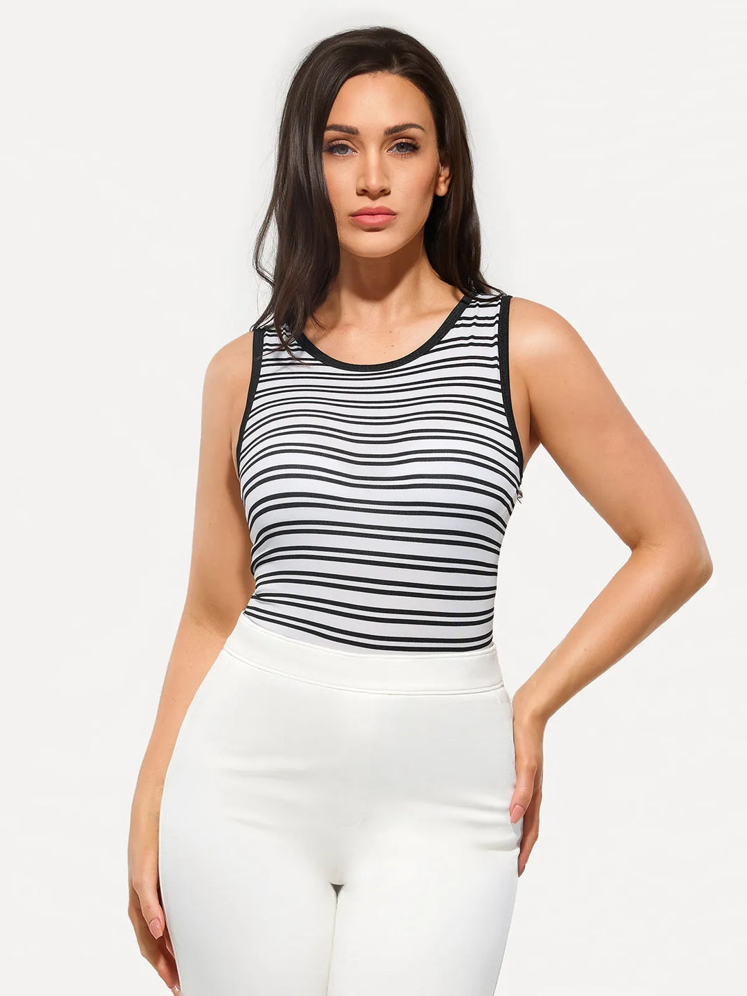Popilush® Black-and-White Striped / S Seamless Striped Shapewear Tank