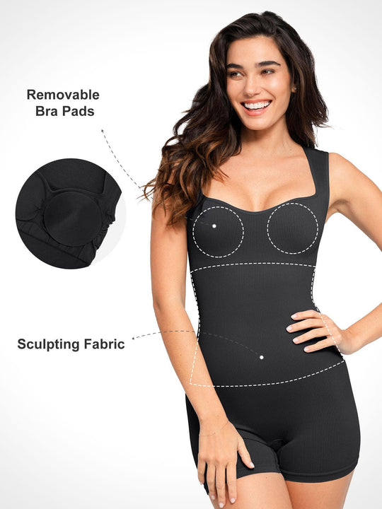 Popilush® shapewear romper with removable bra pads and sculpting fabric.