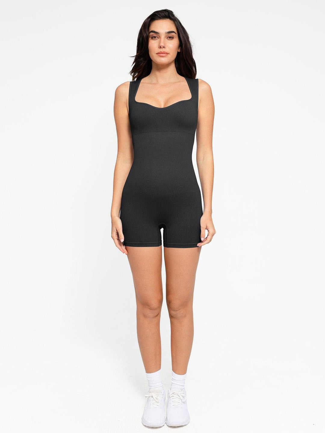 Seamless shapewear romper for women with Popilush® design, sweetheart neckline.