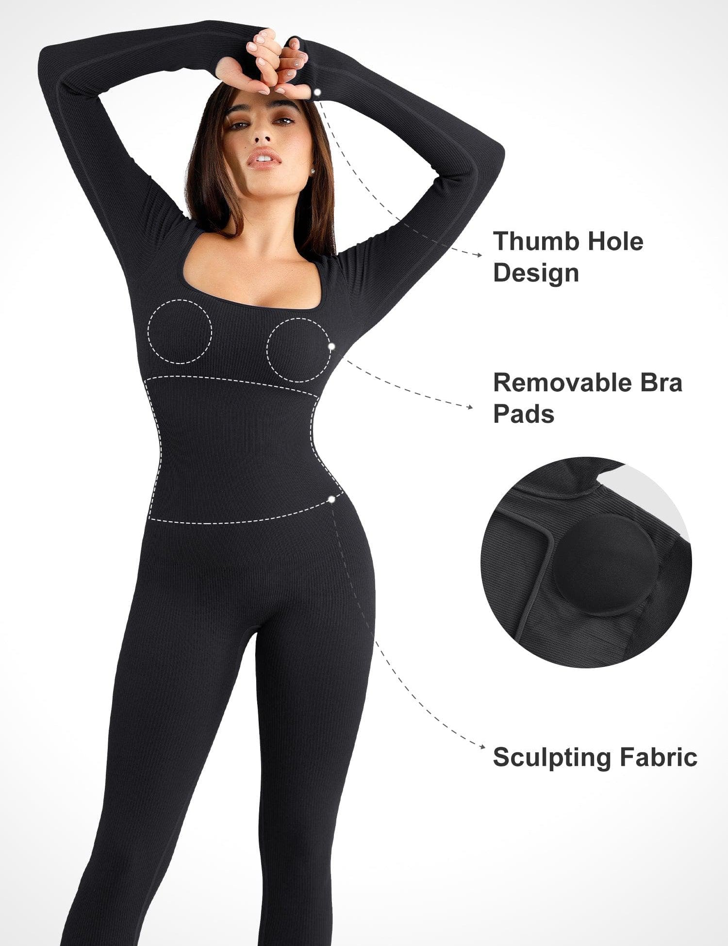 Popilush® Yoga Activewear Jumpsuit Winter Seamless Thumb Hole Square Neck Long Sleeve Jumpsuit