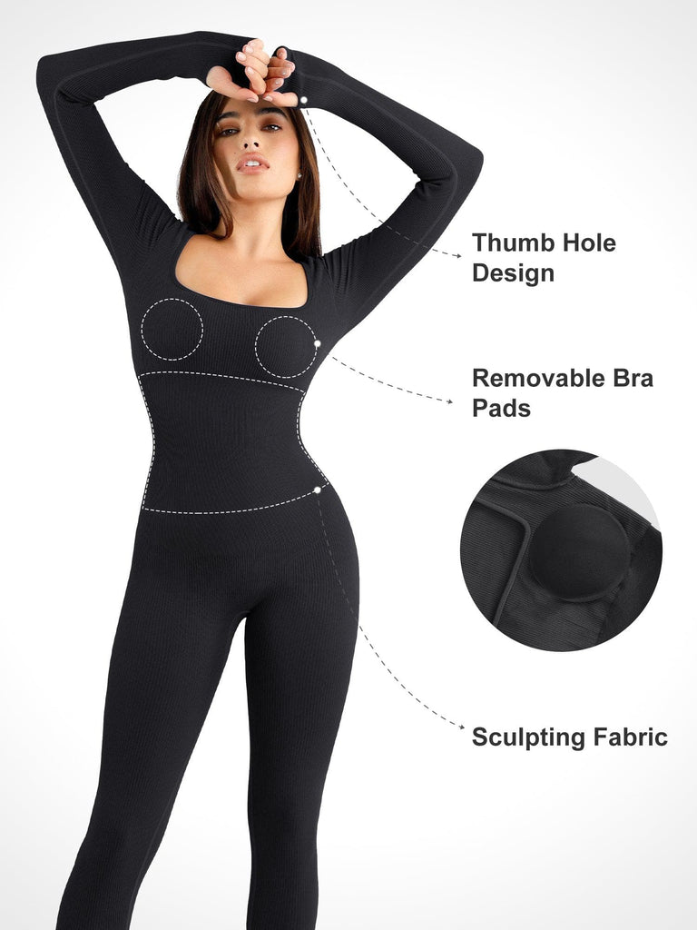 Popilush® Yoga Activewear Jumpsuit Winter Seamless Thumb Hole Square Neck Long Sleeve Jumpsuit