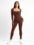Popilush® Brown seamless jumpsuit with thumb holes and square neckline. Body-con fit.