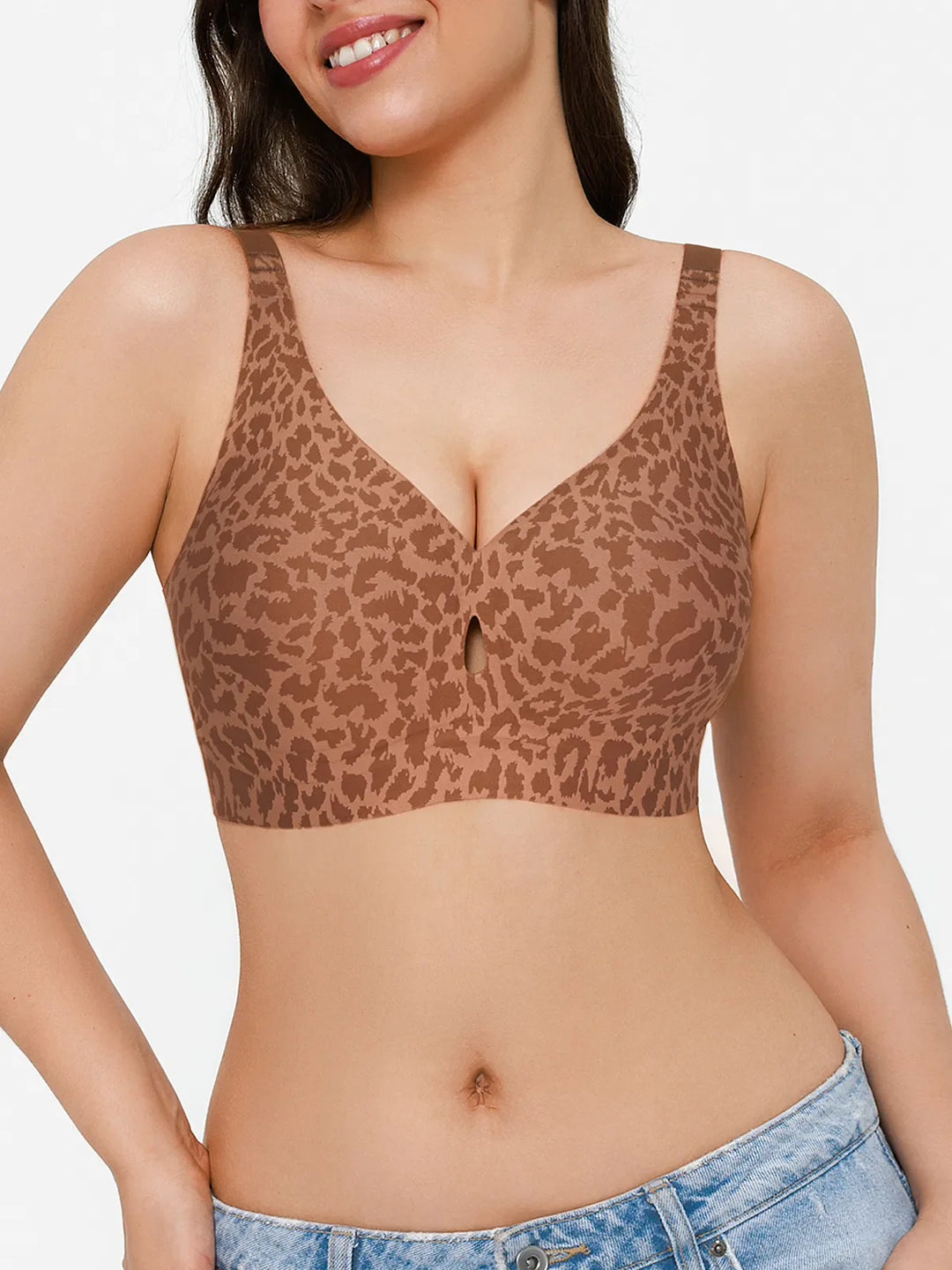 Popilush® Brown Leopard Print / S Seamless Wireless Jelly Contour Minimizer Support Bra