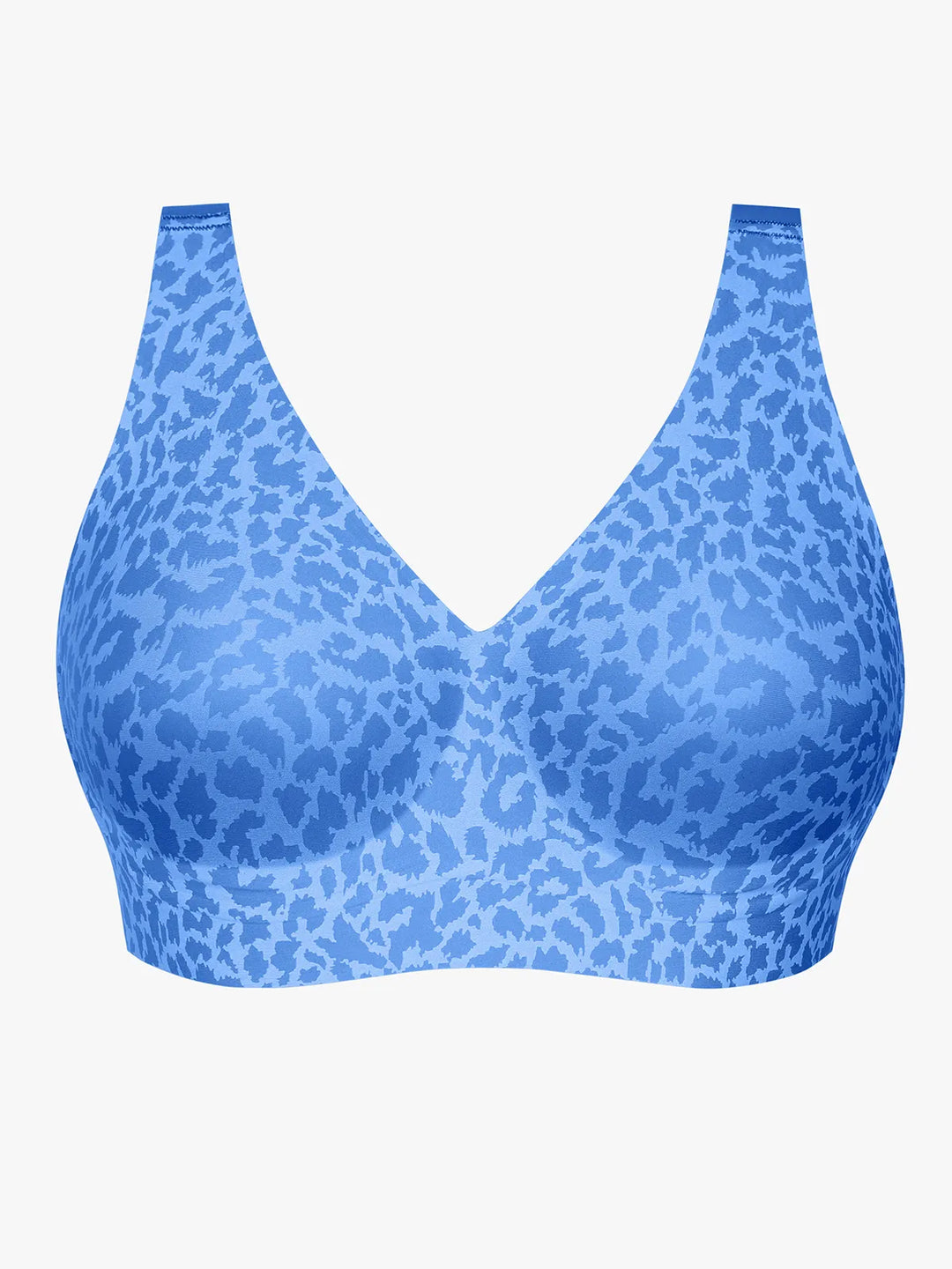 Blue leopard print wireless contour minimizer bra with V-neckline.