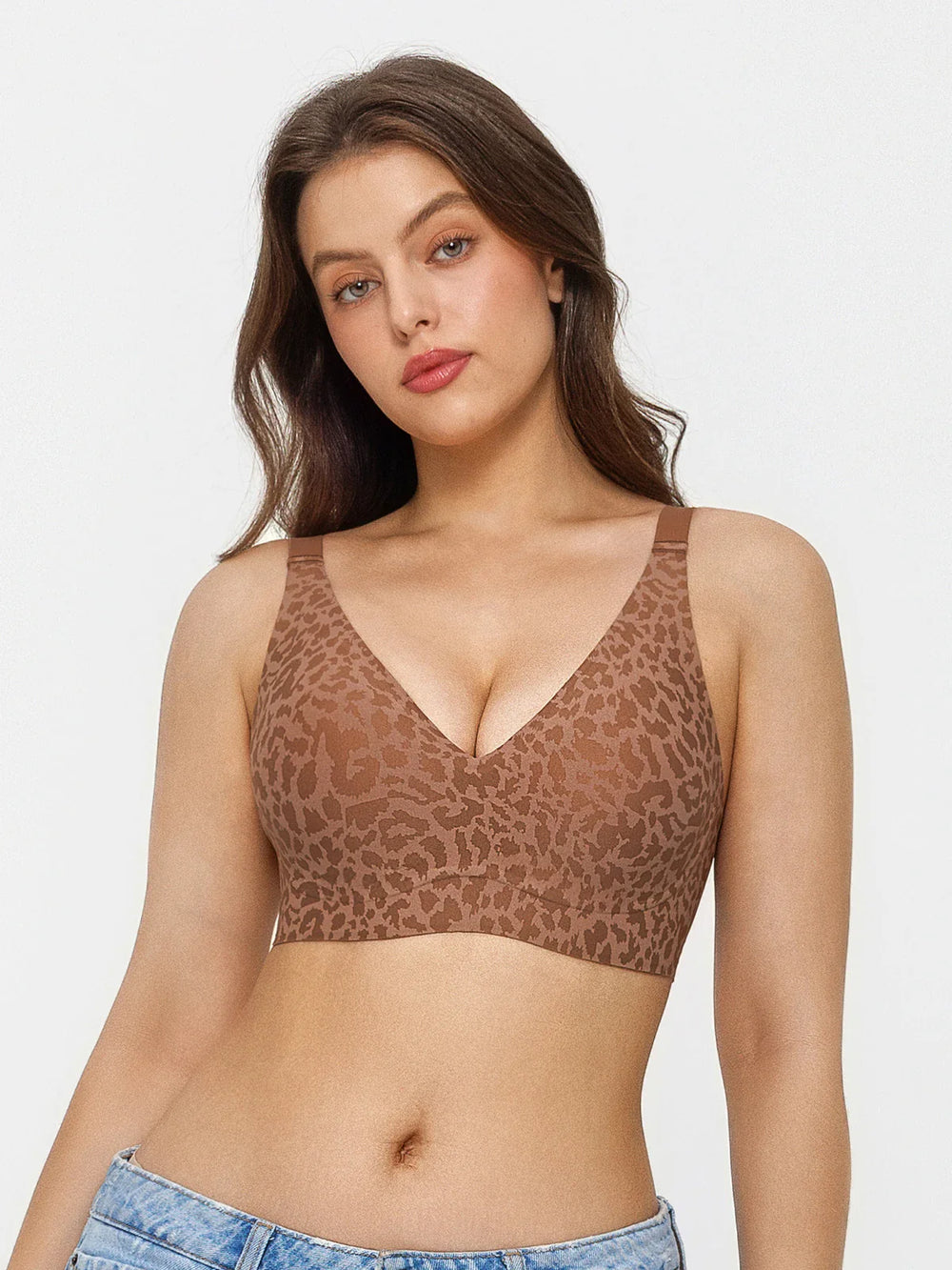 Popilush® Brown / S Seamless Wireless Jelly Leopard Contour Minimizer Support Bra