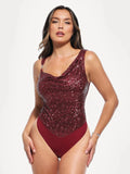 Popilush® Sequin Cowl Neck Chain Detail Sculpting Bodysuit