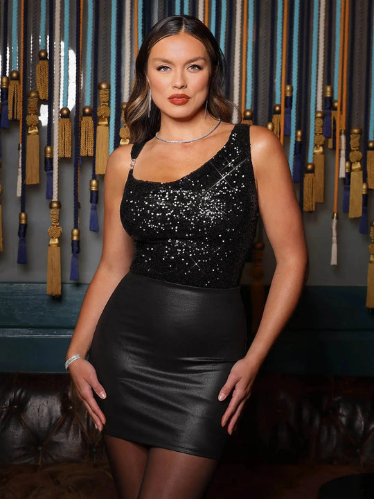 Popilush® Sequin Cowl Neck Chain Detail Sculpting Bodysuit