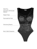 Popilush® Sequin Cowl Neck Chain Detail Sculpting Bodysuit