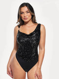 Popilush® Black / XS Sequin Cowl Neck Chain Detail Sculpting Bodysuit