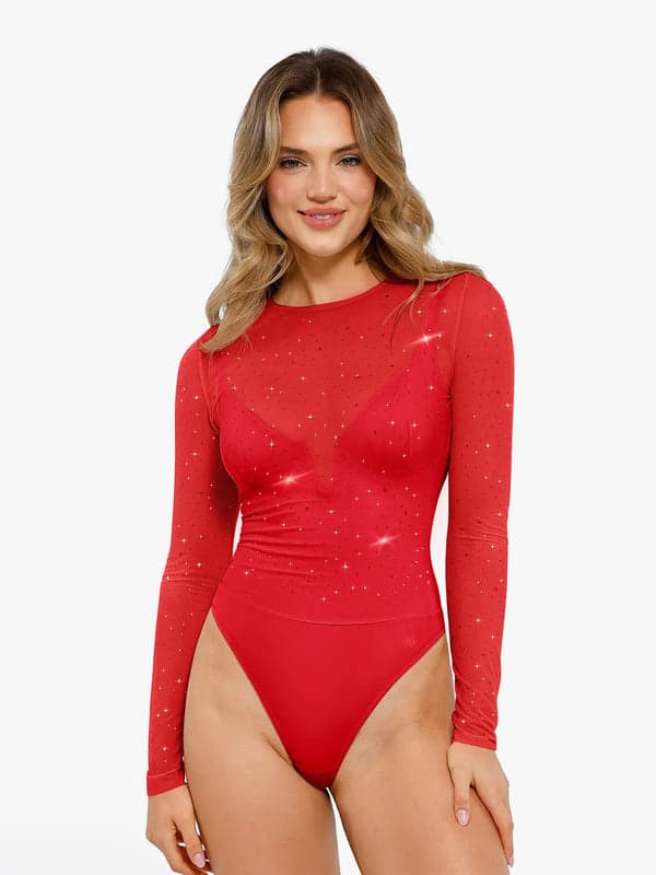 Popilush® Bright Red / S Sequin Cowl Neck Chain Detail Sculpting Bodysuit