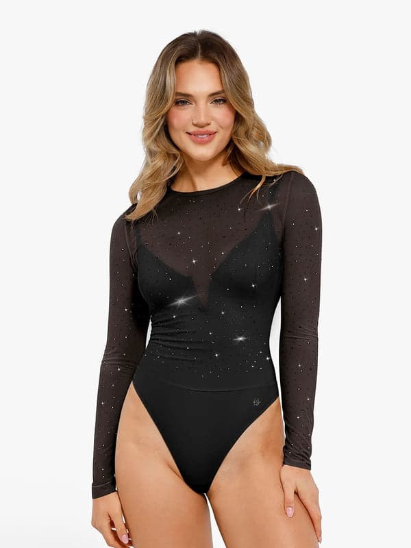 Popilush® Dark Black / S Sequin Cowl Neck Chain Detail Sculpting Bodysuit