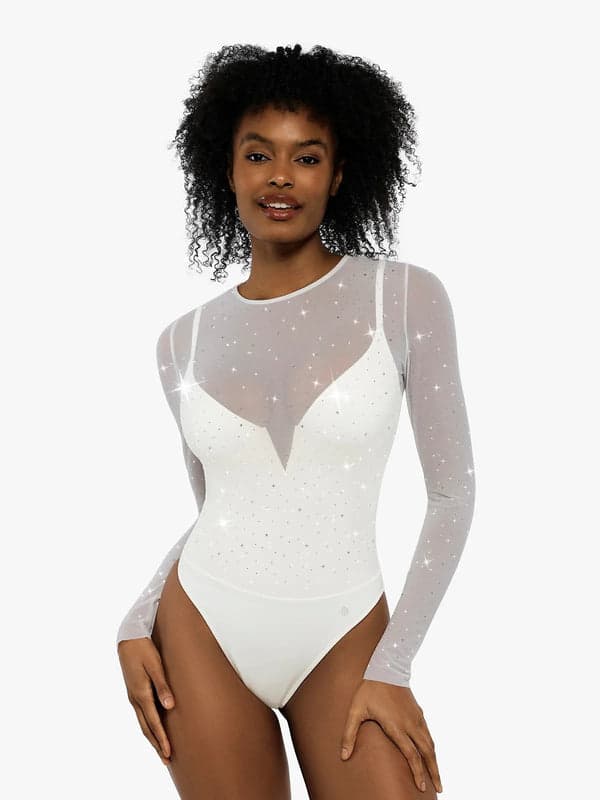 Popilush® White / S Sequin Cowl Neck Chain Detail Sculpting Bodysuit