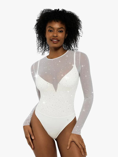 Sequin Cowl Neck Chain Detail Sculpting Bodysuit main image 0
