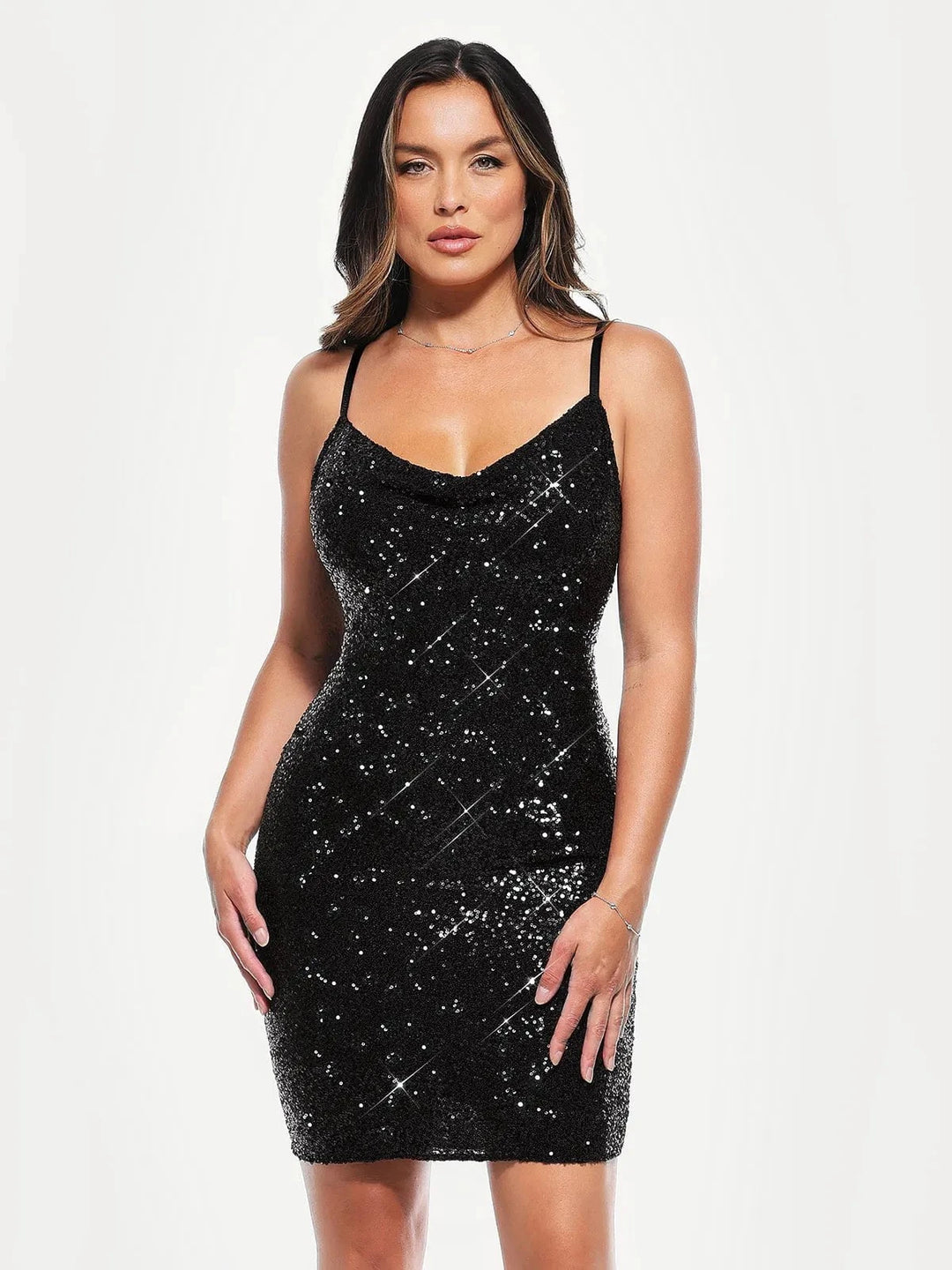 black textured glitter cowl neck bodycon dress Lovskoo Women's Sequin Halter Bodycon Mini Dress Backless Cowl Neck Short Dress Open Back Cocktail Party Gown Black, Size: Large