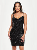 Popilush® Black / XS Sequin Cowl Neck Sculpting Mini Dress