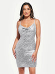 Silver sequin cowl neck sculpting mini dress with adjustable straps.