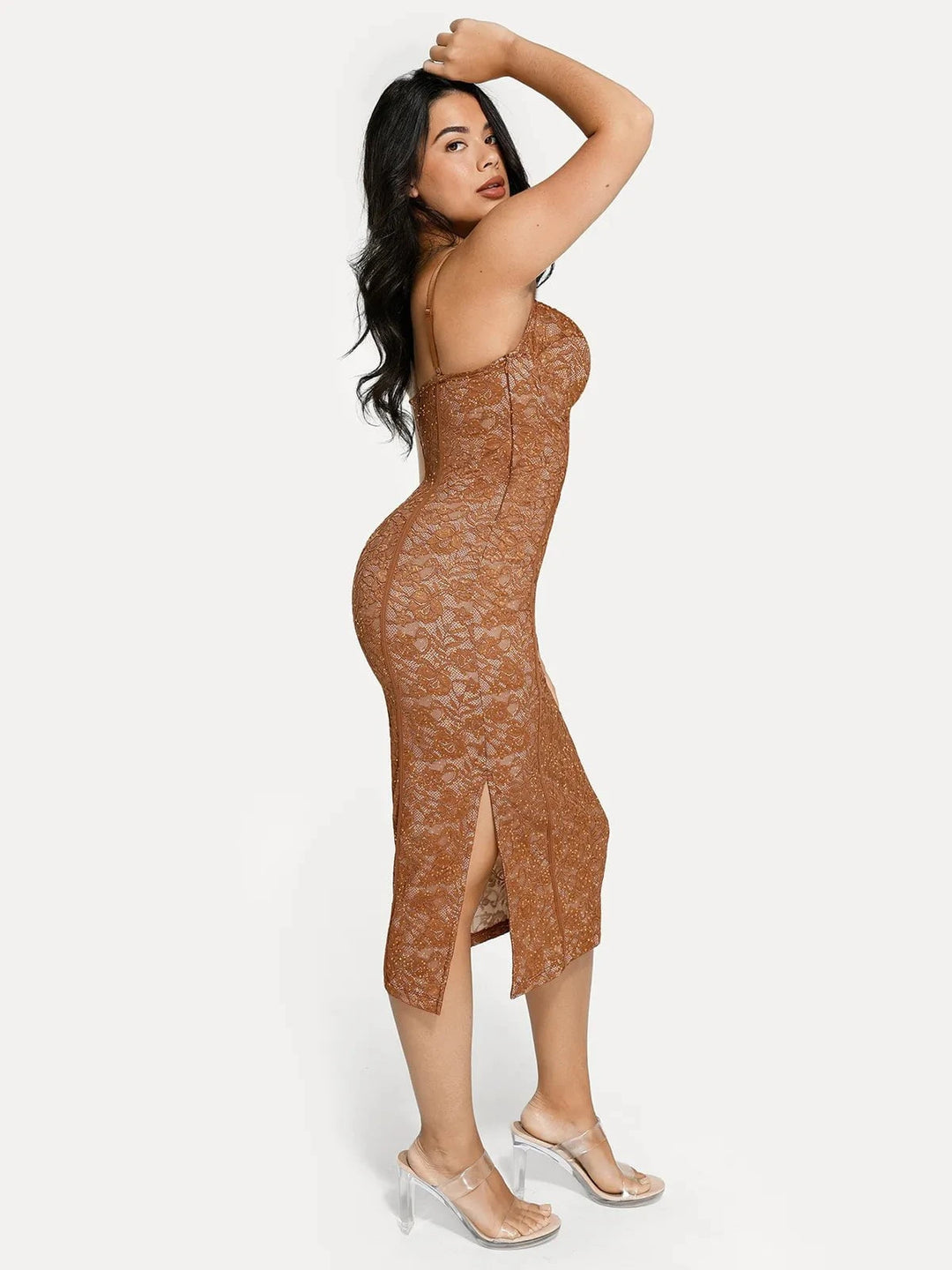 Lace Corset Shapewear Midi Dress | Side-Slit Hourglass - Popilush Lace Corset Shapewear Midi Dress | Side-Slit Hourglass - Popilush