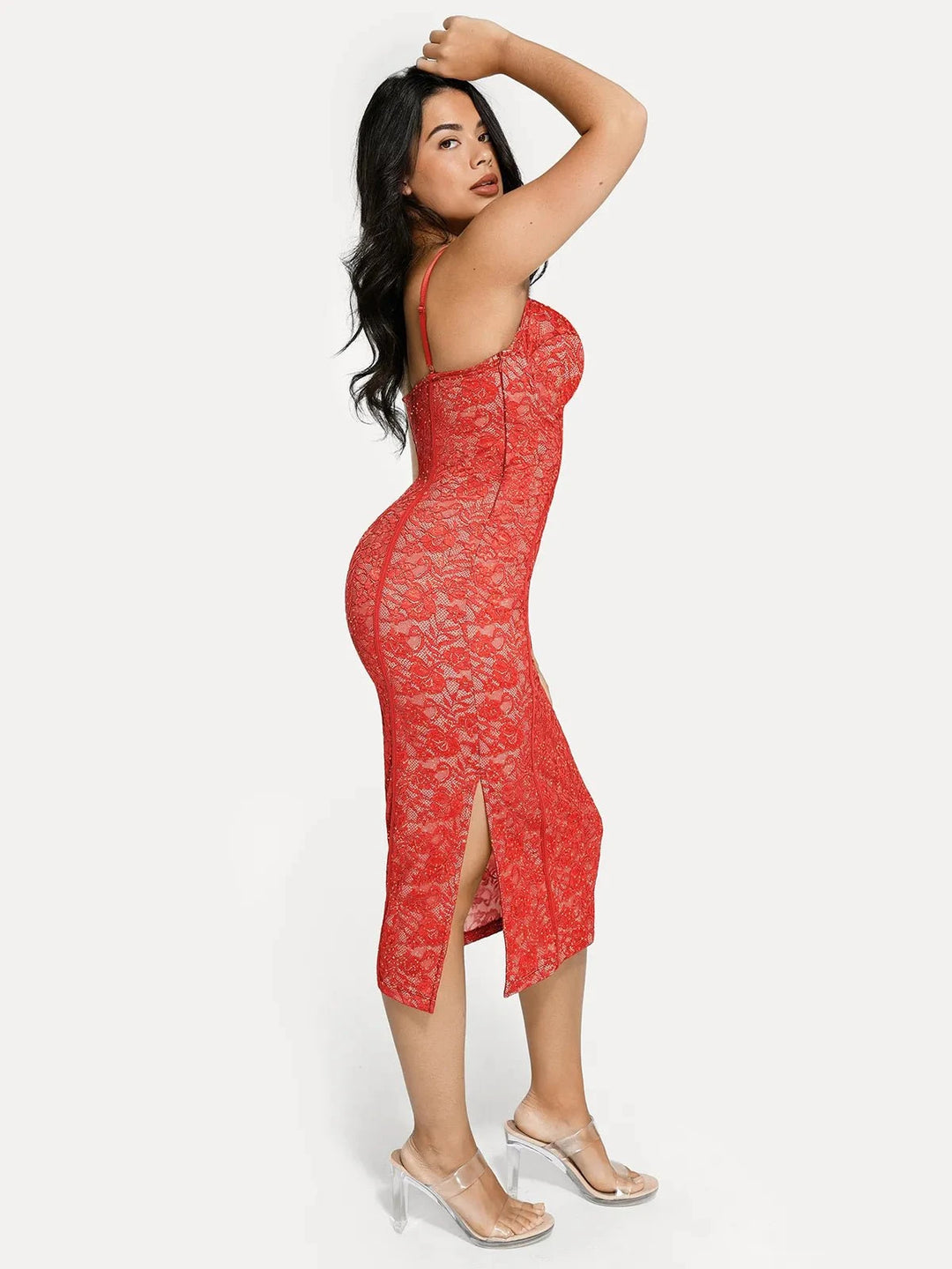 Lace Corset Shapewear Midi Dress | Side-Slit Hourglass - Popilush Lace Corset Shapewear Midi Dress | Side-Slit Hourglass - Popilush