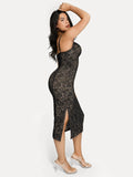 Popilush® Formal Bodycon Party Summer Cocktail Gown Shapewear All-Lace Hourglass Corset Side Slit Midi Dress