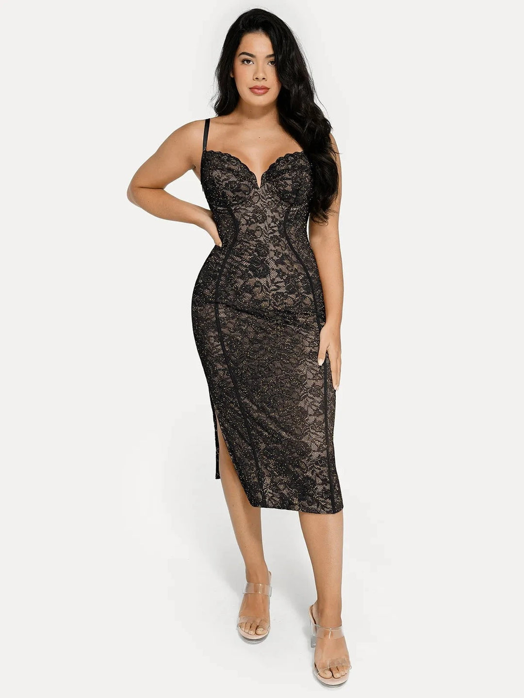Lace Corset Shapewear Midi Dress | Side-Slit Hourglass - Popilush Lace Corset Shapewear Midi Dress | Side-Slit Hourglass - Popilush