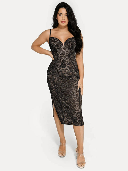 Popilush® Formal Bodycon Party Summer Cocktail Gown Black / XS Shapewear All-Lace Hourglass Corset Side Slit Midi Dress