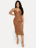 Popilush® Formal Bodycon Party Summer Cocktail Gown Brown / XS Shapewear All-Lace Hourglass Corset Side Slit Midi Dress