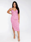 Pink all-lace hourglass corset midi dress with built-in shapewear and side slit.