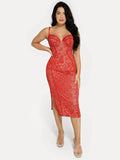 Popilush® Formal Bodycon Party Summer Cocktail Gown Red / XS Shapewear All-Lace Hourglass Corset Side Slit Midi Dress