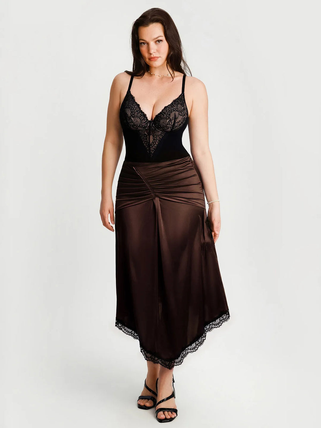 Popilush® Shapewear Asymmetric Ruched Lace Midi Skirt