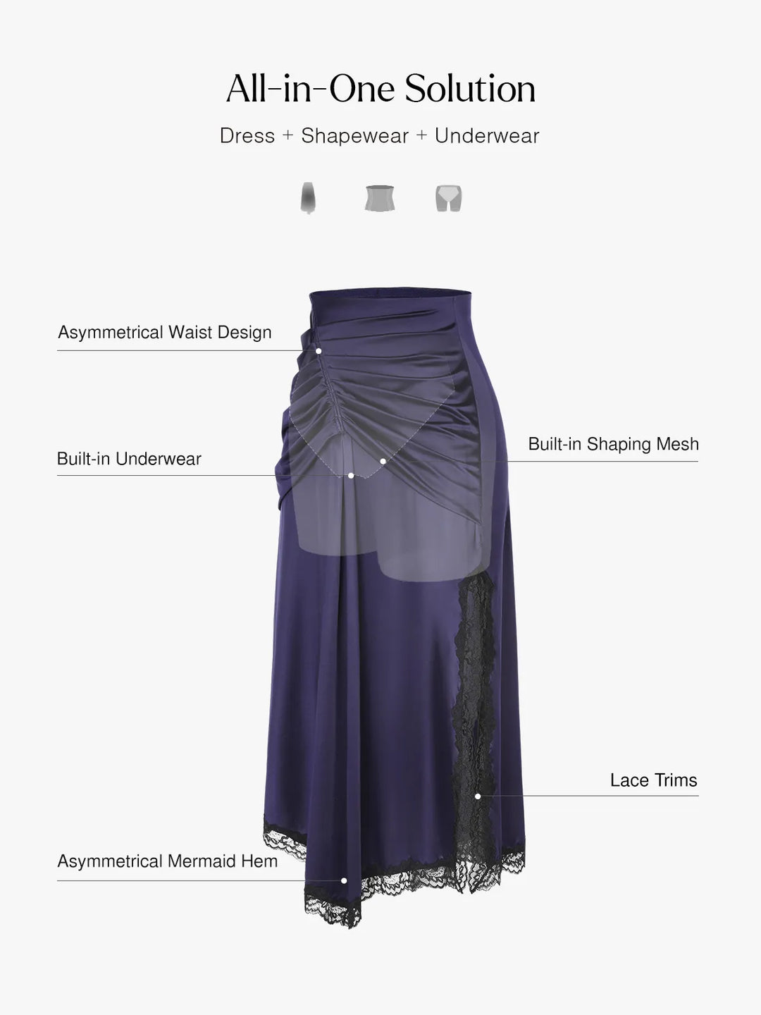 Popilush® Shapewear Asymmetric Ruched Lace Midi Skirt