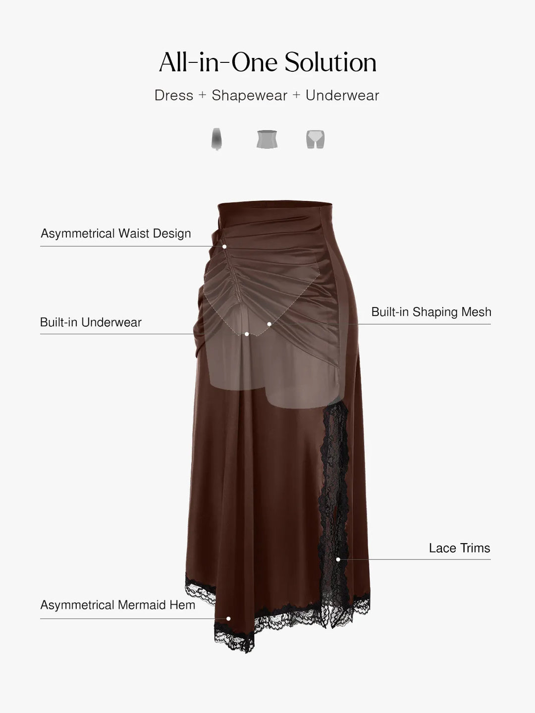 Popilush® Shapewear Asymmetric Ruched Lace Midi Skirt