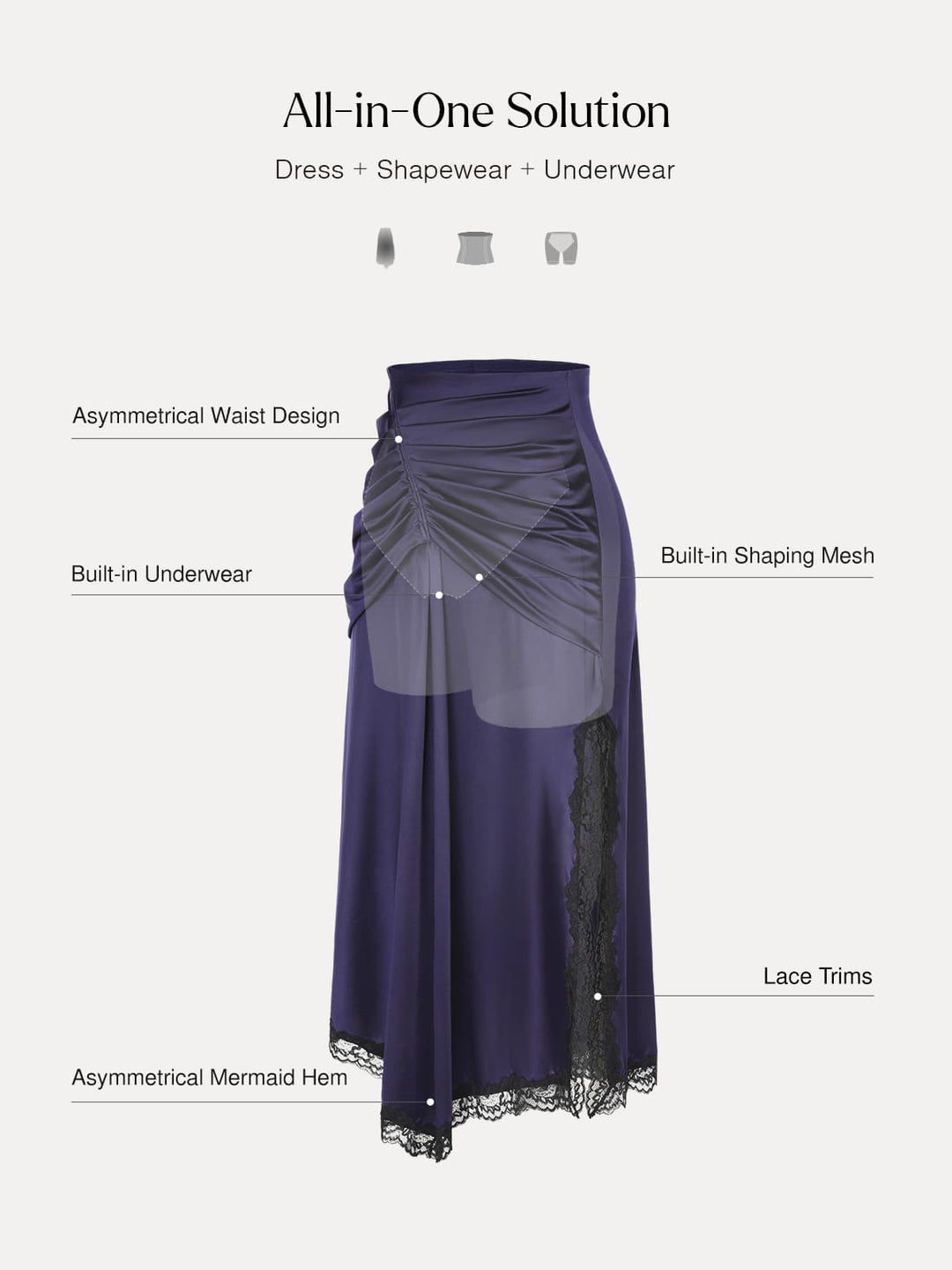 Popilush® Shapewear Asymmetric Ruched Lace Midi Skirt