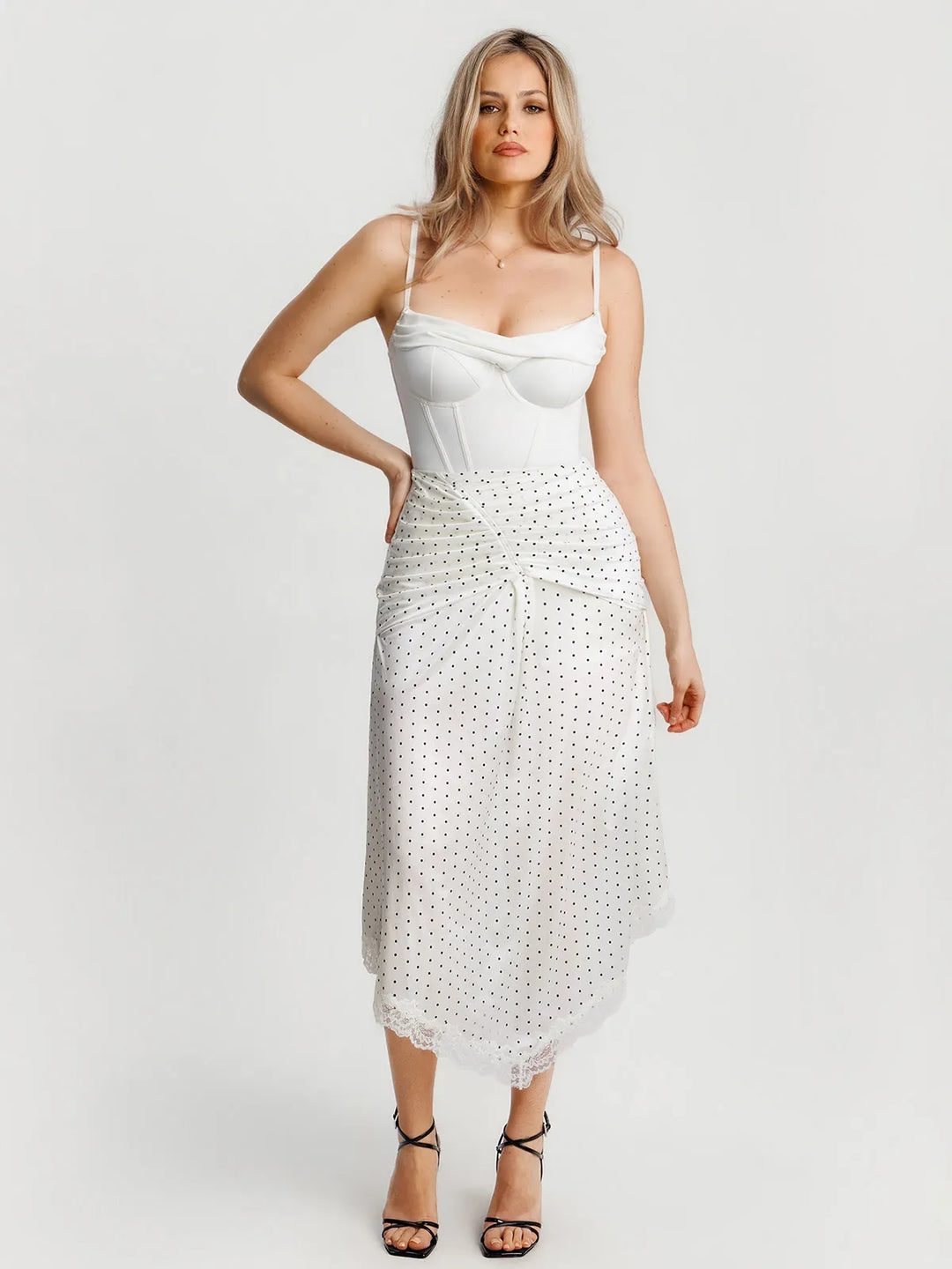 Popilush® White Polka Dot / XS Shapewear Asymmetric Ruched Lace Midi Skirt