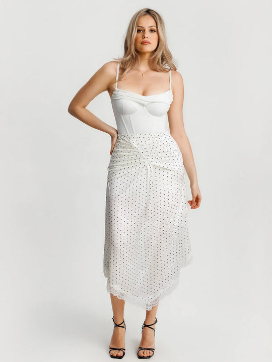 Popilush® White Polka Dot / XS Shapewear Asymmetric Ruched Lace Midi Skirt