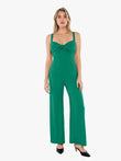 Green bias twist sculpting jumpsuit with wide legs and twisted neckline.