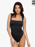 Popilush® Cooling Tops Body Shaper Black / S Shapewear Bluetag Ruched Square Neck Sculpting Bodysuit