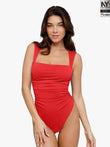 Red Bluetag ruched square neck sculpting bodysuit, cooling fabric, slimming fit, 2024 NY Product Design Award winner.